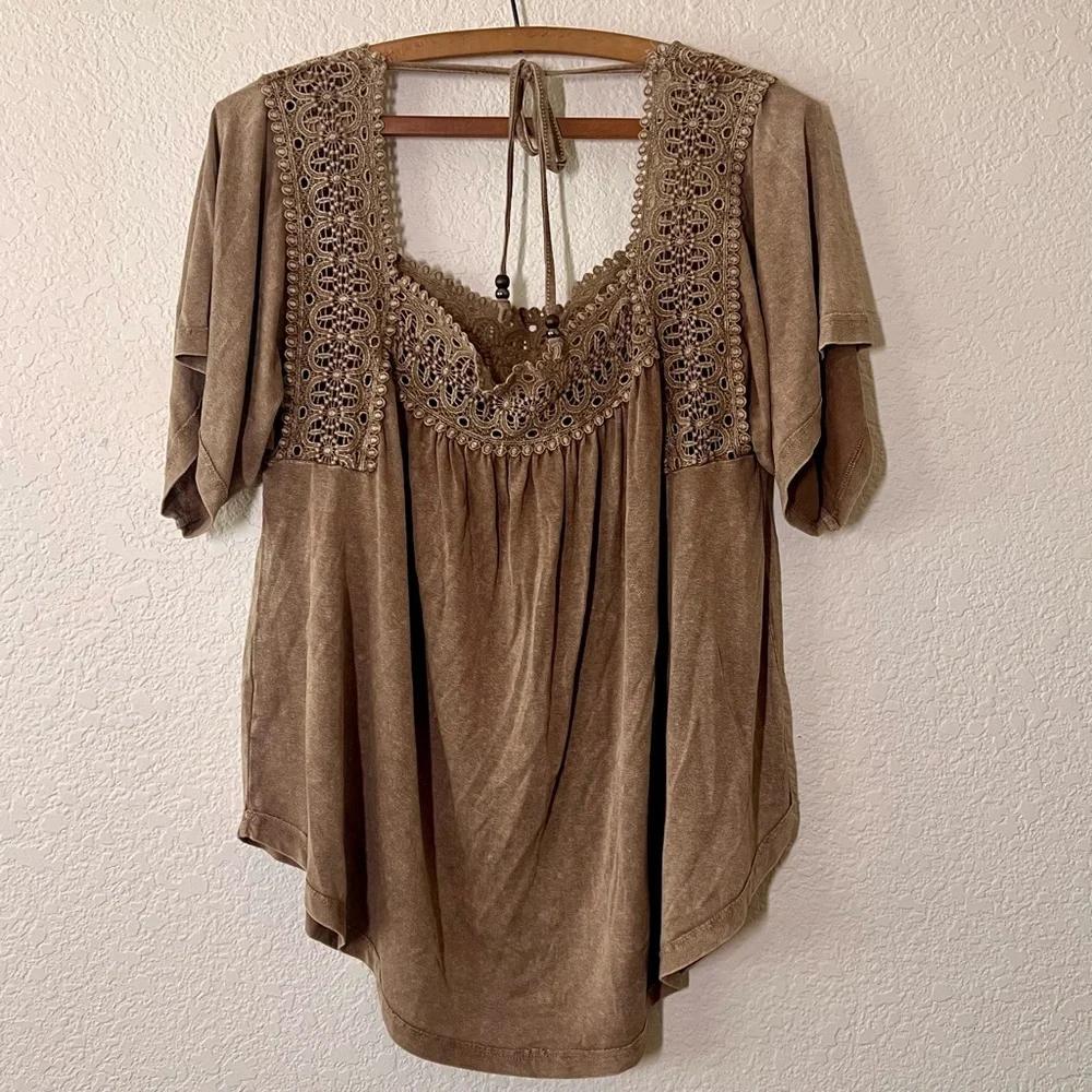 Anama Blouse Tan Brown Boho Embroider Lace Size Medium - Picture 2 of 4
